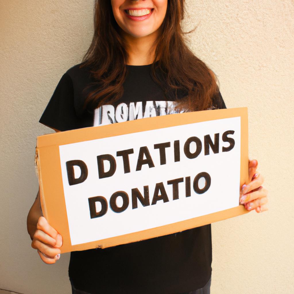 Person holding donation sign, smiling